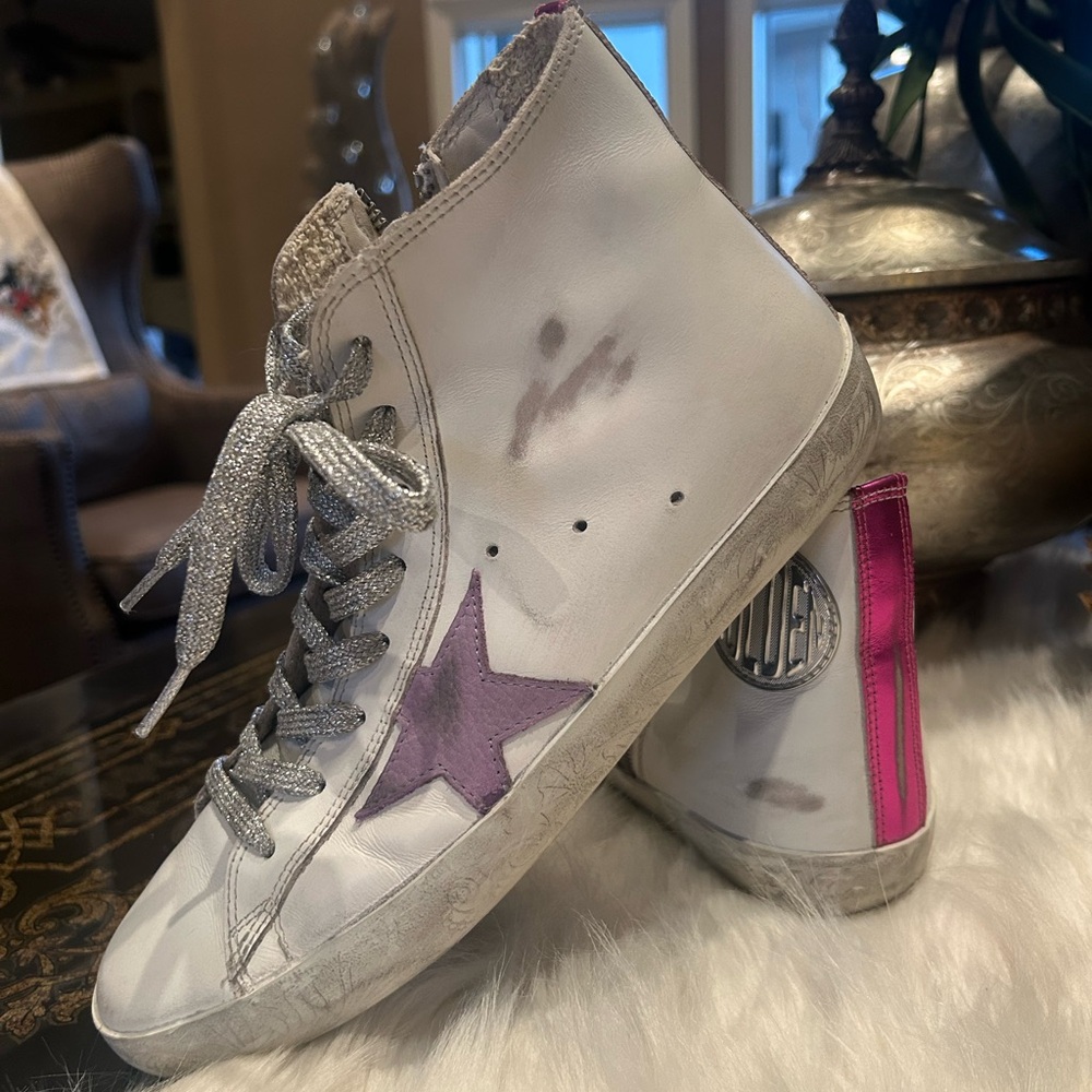 Golden Goose White High-Top Sneakers with Purple Star